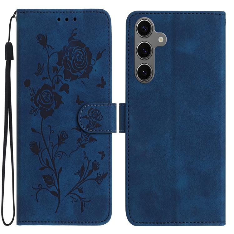 Funda de cuero con estampado floral en relieve para Samsung Galaxy S24 5G (azul oscuro)