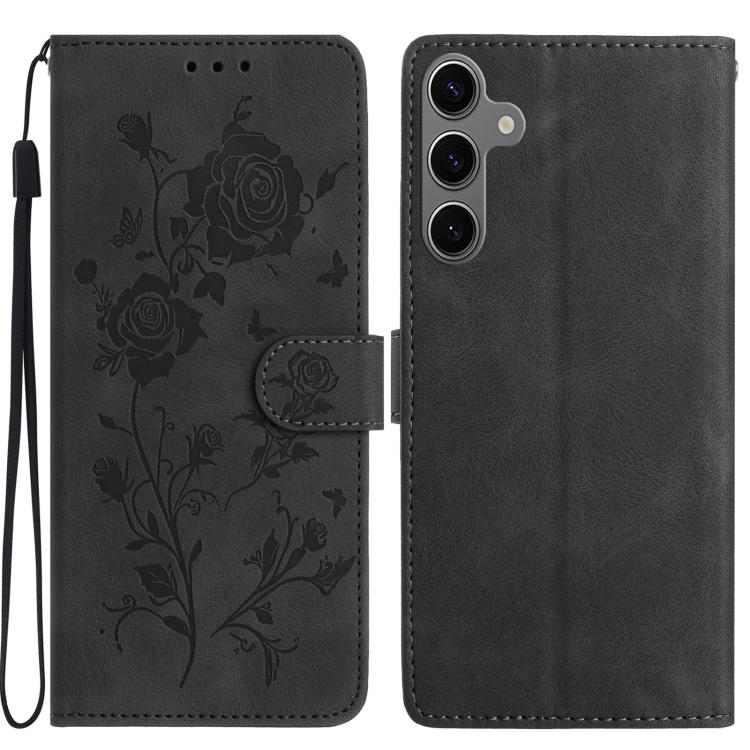 Funda de cuero con estampado de rosas en relieve para Samsung Galaxy S24 5G (negra)