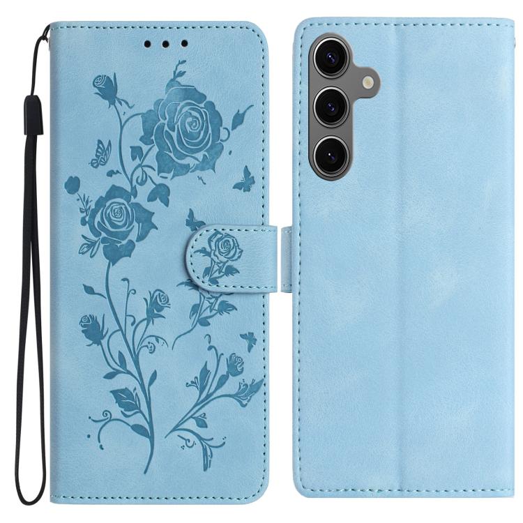 Funda de piel con estampado floral en relieve para Samsung Galaxy S24 5G (azul cielo)