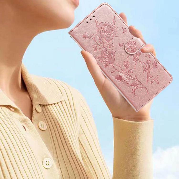 Funda de cuero con estampado floral en relieve para Samsung Galaxy S24+ 5G (oro rosa)