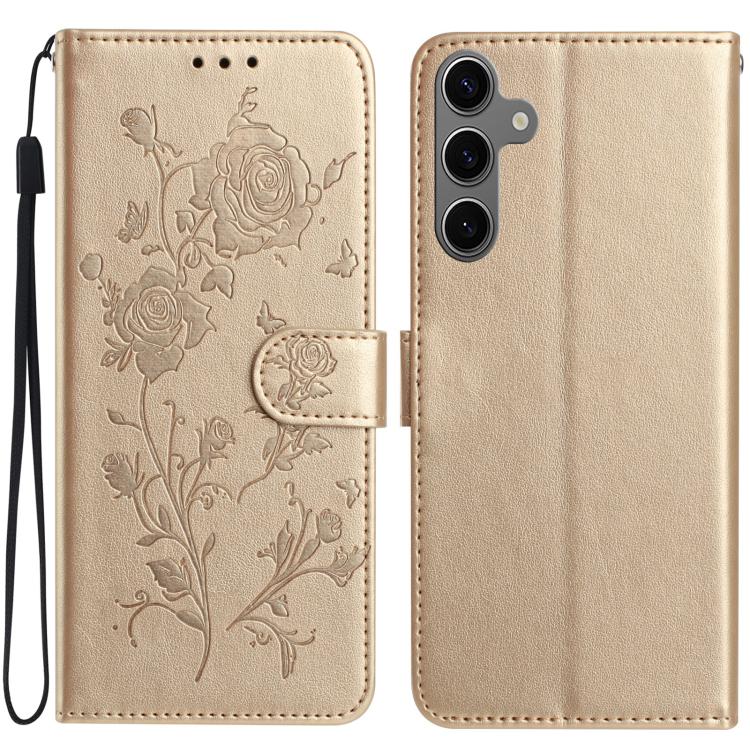 Funda de cuero con estampado de rosas en relieve para Samsung Galaxy S24+ 5G (dorada)