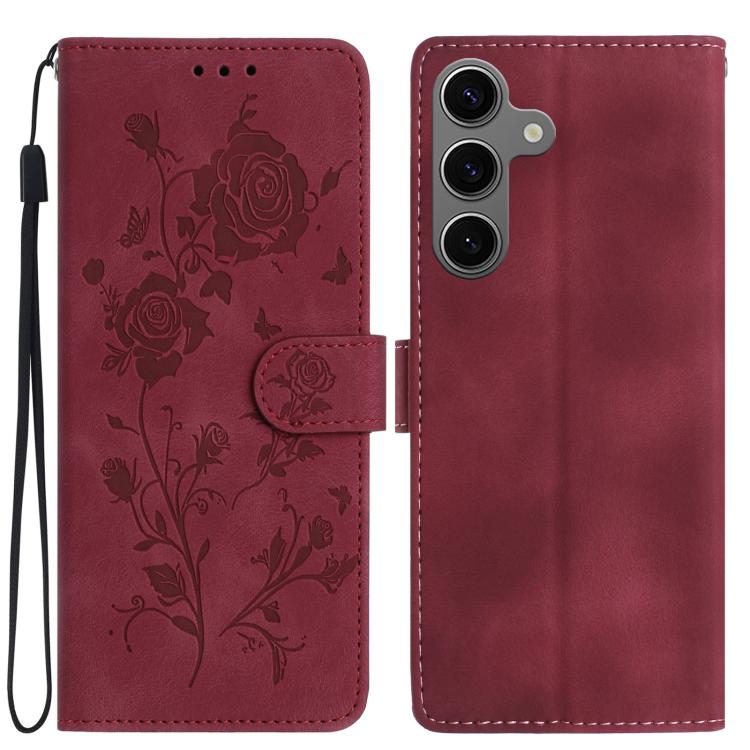 Funda de cuero con estampado de rosas en relieve para Samsung Galaxy S24+ 5G (roja)