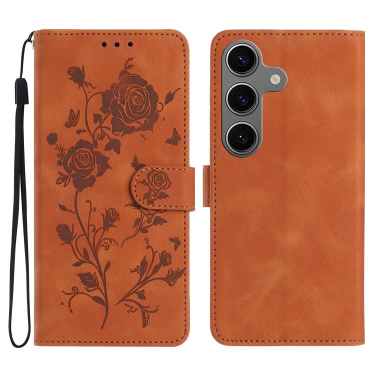 Funda de cuero con estampado de rosas en relieve para Samsung Galaxy S24+ 5G (marrón)