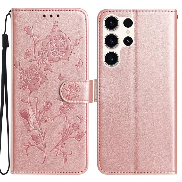 Funda de cuero con estampado floral en relieve para Samsung Galaxy S24 Ultra 5G (oro rosa)