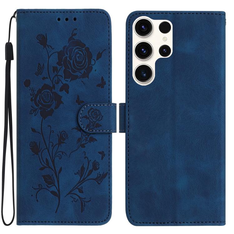 Funda de cuero con estampado floral en relieve para Samsung Galaxy S24 Ultra 5G (azul oscuro)