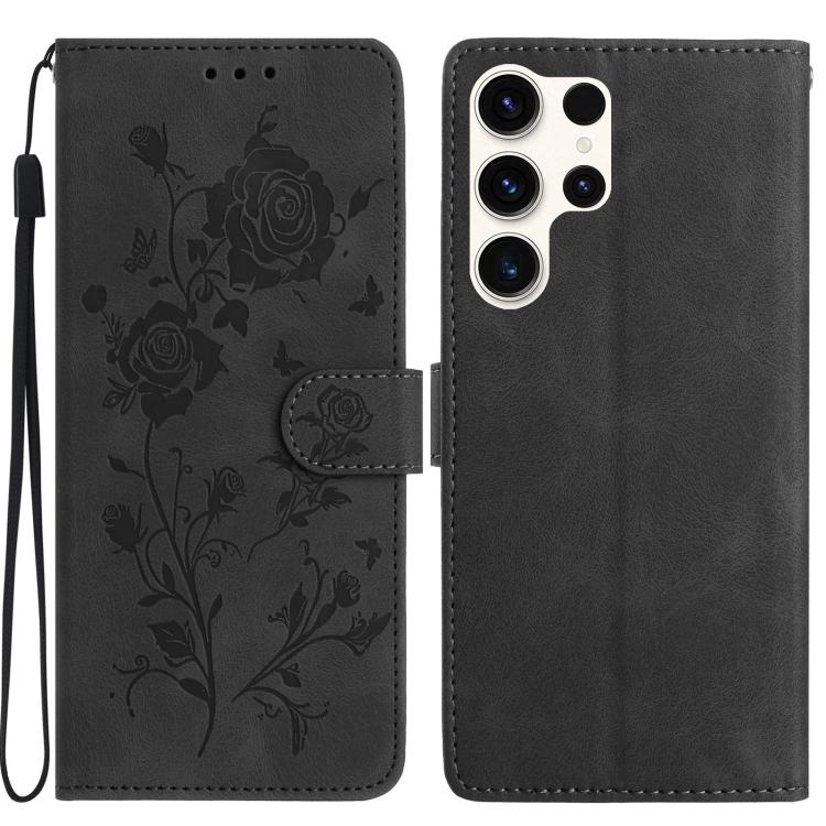 Funda de cuero con estampado floral en relieve para Samsung Galaxy S24 Ultra 5G (negra)