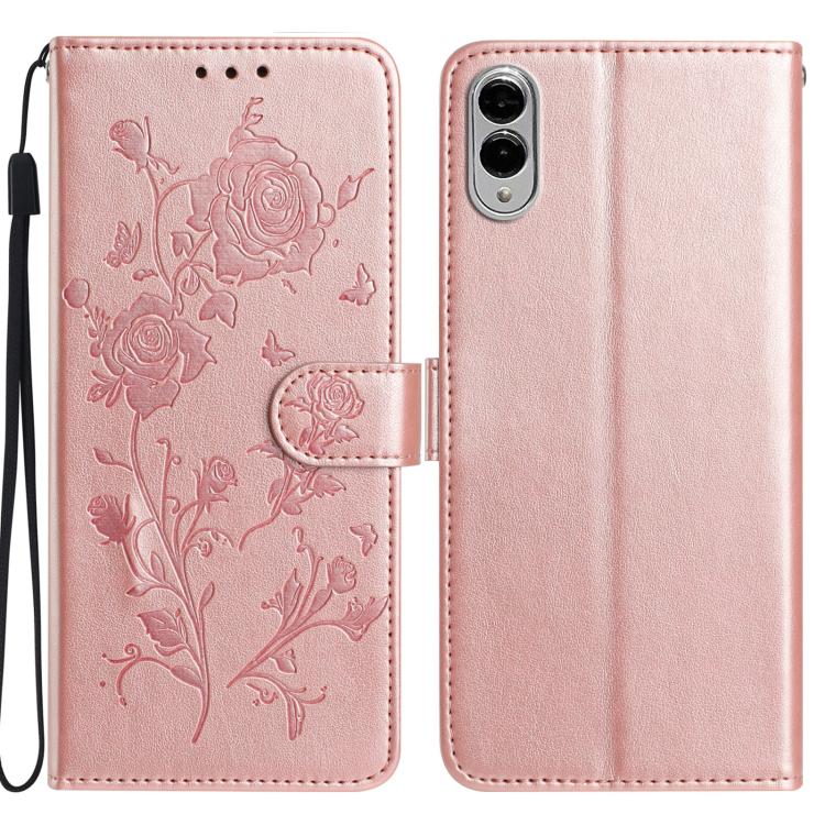 Funda de cuero con estampado floral en relieve para Samsung Galaxy S25 Edge 5G (oro rosa)