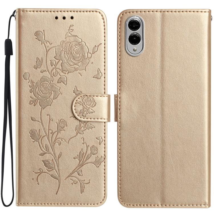 Funda de cuero con estampado floral en relieve para Samsung Galaxy S25 Edge 5G (dorada)