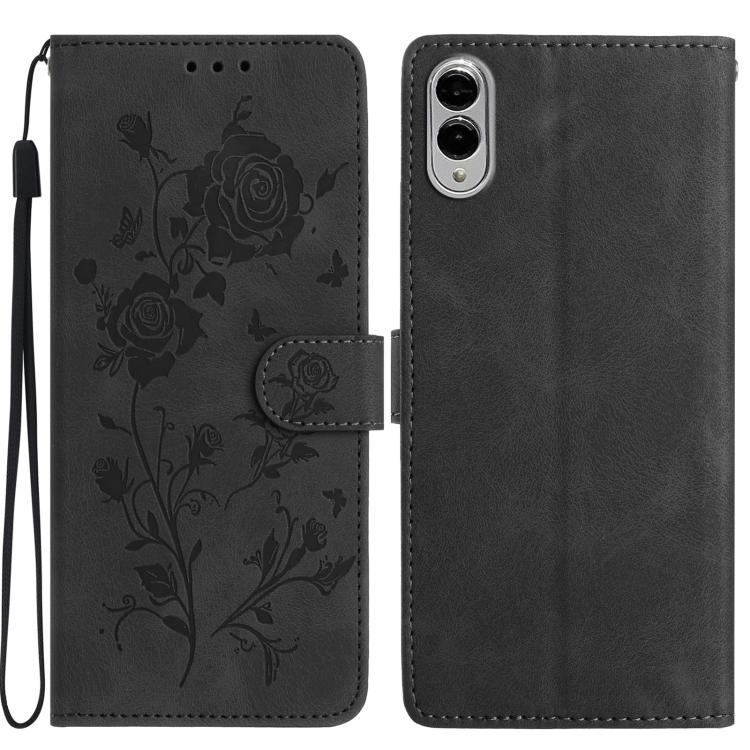 Funda de cuero con estampado floral en relieve para Samsung Galaxy S25 Edge 5G (negra)