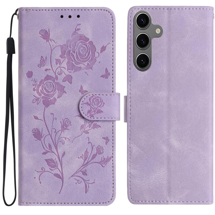 Funda de cuero con estampado de rosas en relieve para Samsung Galaxy S25+ 5G (morado claro)
