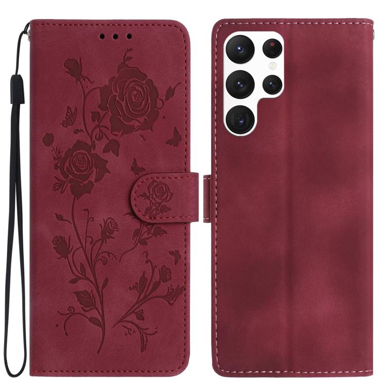 Funda de cuero con estampado floral en relieve para Samsung Galaxy S25 Ultra 5G (roja)