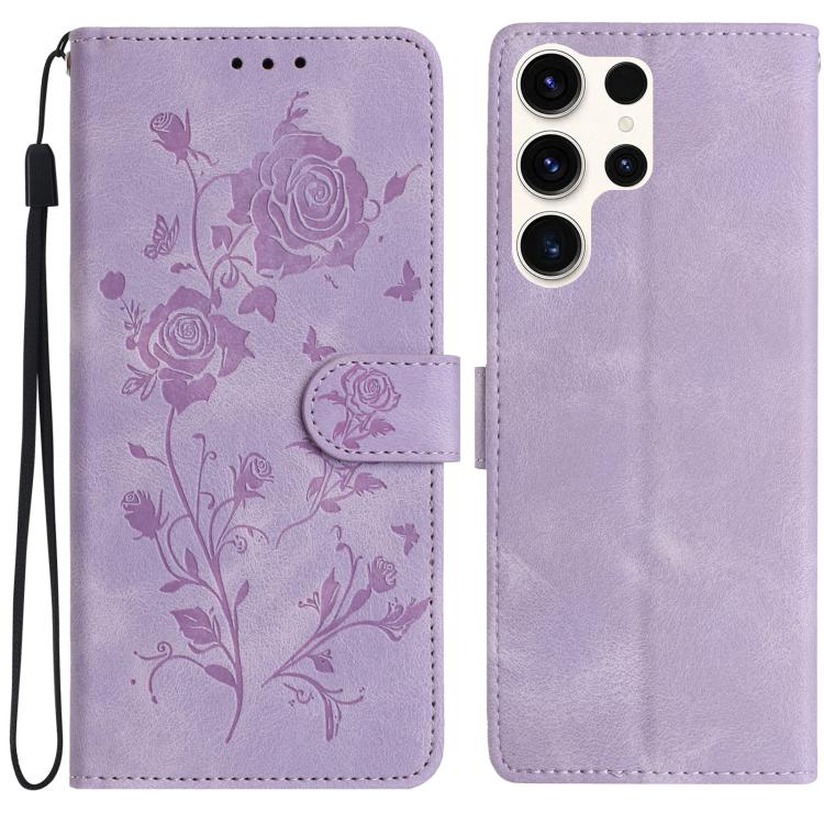 Funda de cuero con estampado de rosas en relieve para Samsung Galaxy S25 Ultra 5G (morado claro)