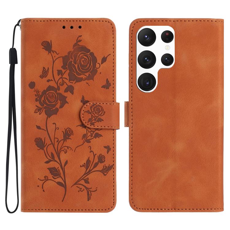 Funda de cuero con estampado de rosas en relieve para Samsung Galaxy S25 Ultra 5G (marrón)