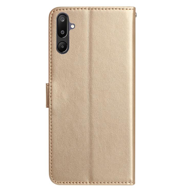 Funda de cuero con estampado de rosas en relieve para Samsung Galaxy F16 (dorada)
