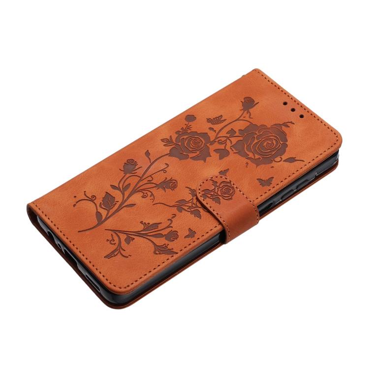Funda de cuero con estampado de rosas en relieve para Samsung Galaxy M23 (marrón)