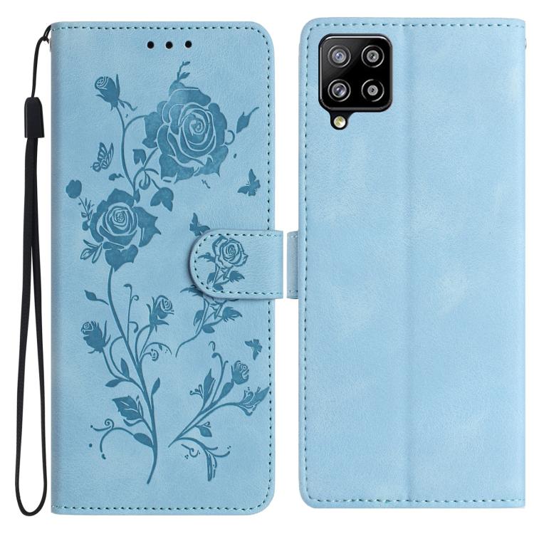 Funda de piel con estampado floral en relieve para Samsung Galaxy M32 (azul cielo)