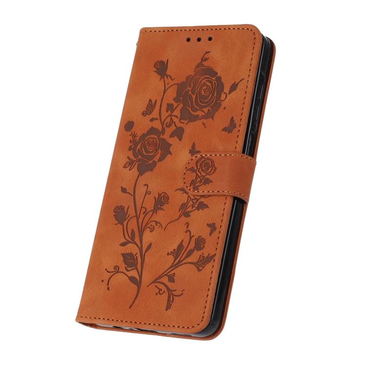 Funda de piel con estampado de rosas en relieve para Samsung Galaxy M32 (marrón)