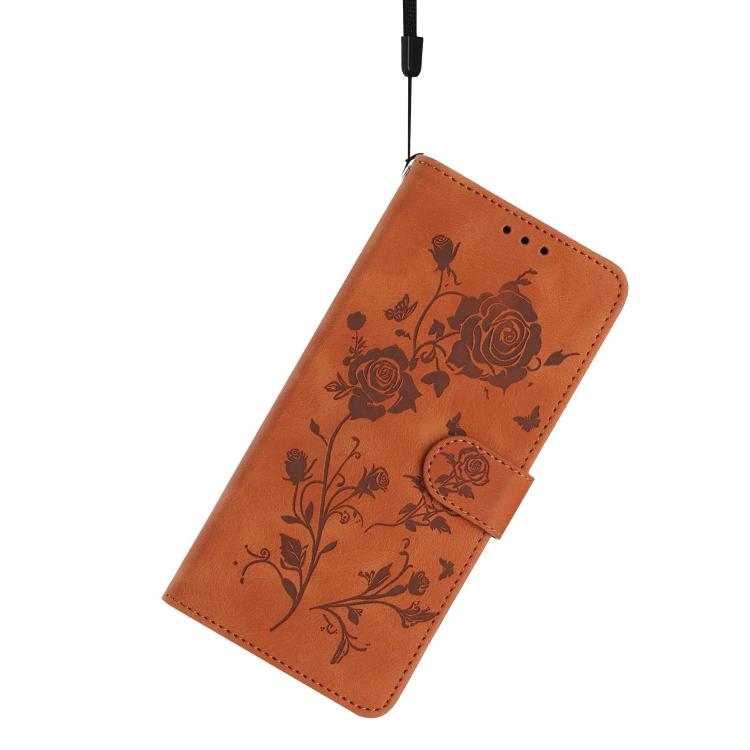Funda de piel con estampado de rosas en relieve para Samsung Galaxy M32 (marrón)