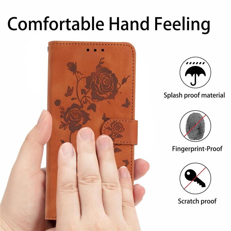 Funda de piel con estampado de rosas en relieve para Samsung Galaxy M32 (marrón)