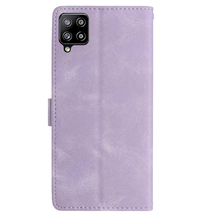 Funda de cuero con estampado de rosas en relieve para Samsung Galaxy M32 (morado claro)