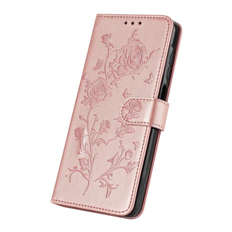 Funda de cuero con estampado floral en relieve para Samsung Galaxy M52 (oro rosa)