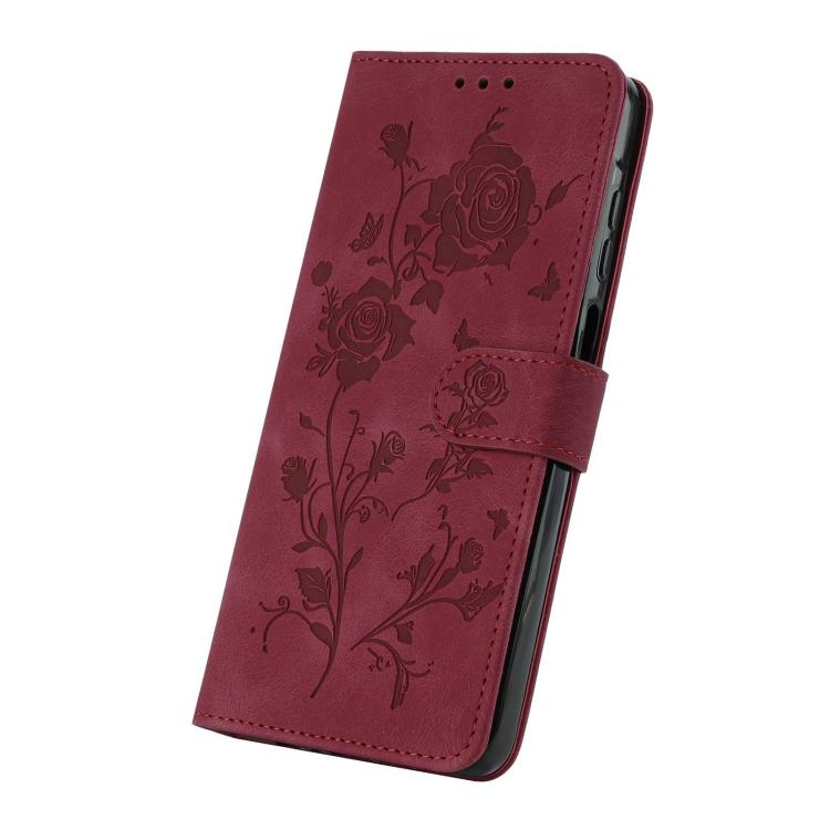 Funda de cuero con estampado de rosas en relieve para Samsung Galaxy F06 (roja)