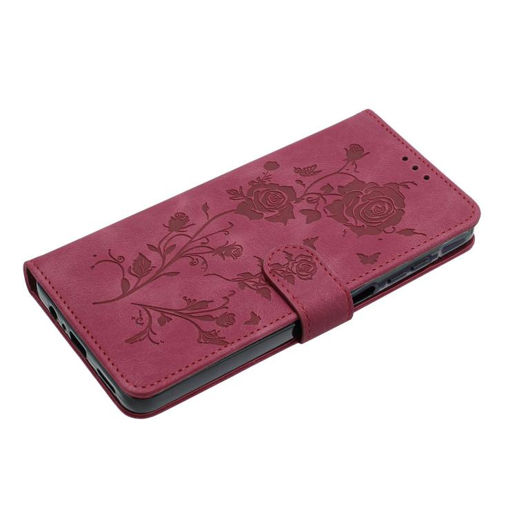 Funda de cuero con estampado de rosas en relieve para Samsung Galaxy F06 (roja)