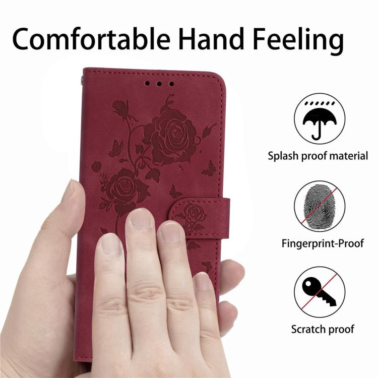 Funda de cuero con estampado de rosas en relieve para Samsung Galaxy F06 (roja)