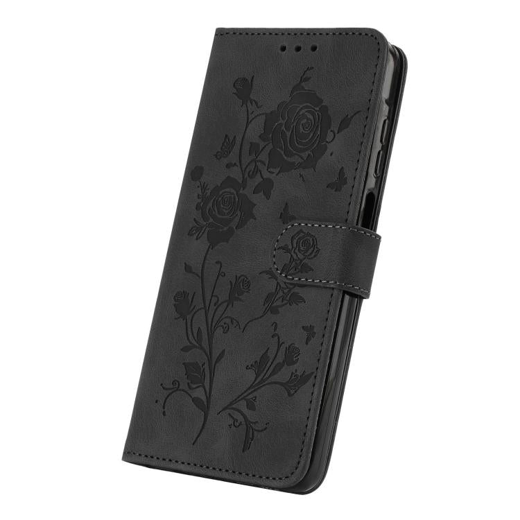 Funda de cuero con estampado de rosas en relieve para Samsung Galaxy F06 (negra)