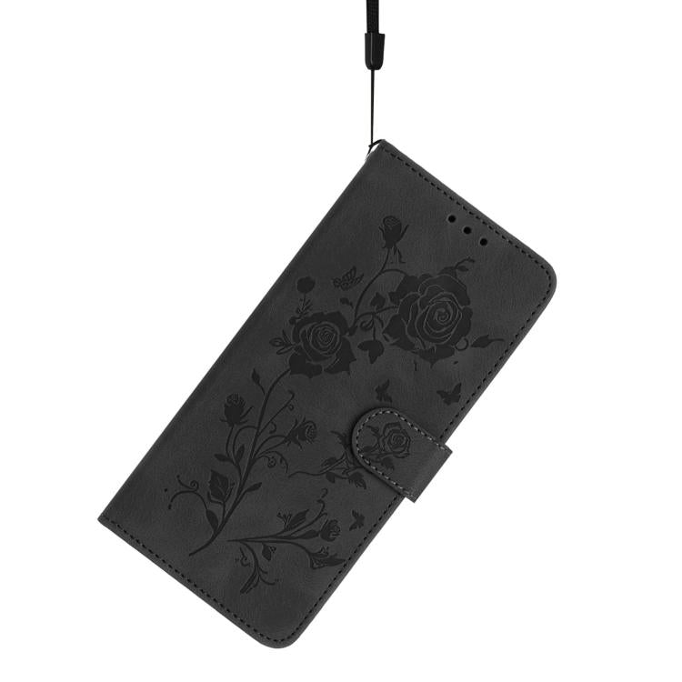 Funda de cuero con estampado de rosas en relieve para Samsung Galaxy F06 (negra)