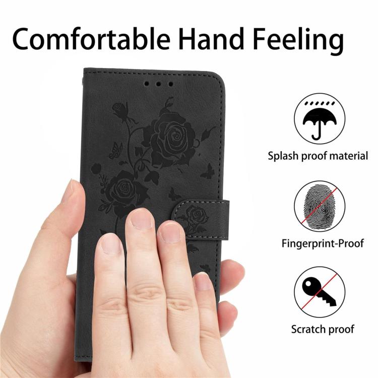 Funda de cuero con estampado de rosas en relieve para Samsung Galaxy F06 (negra)