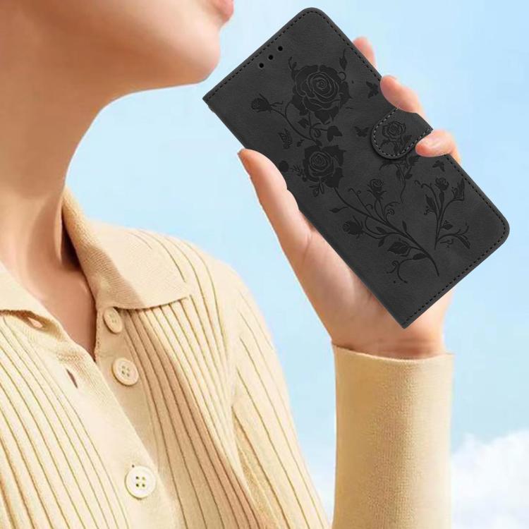 Funda de cuero con estampado de rosas en relieve para Samsung Galaxy F06 (negra)