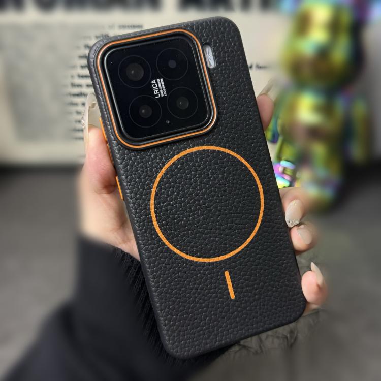 Funda de TPU con diseño de círculo fino MagSafe Litchi Grain para Xiaomi 14 Pro (negro y naranja)
