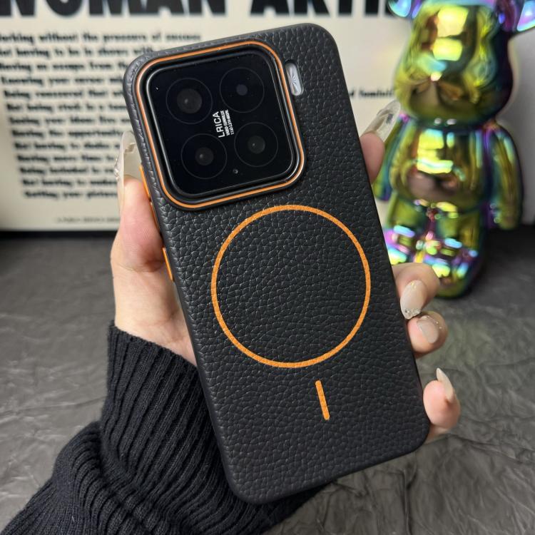 Funda de TPU con diseño de círculo fino MagSafe Litchi Grain para Xiaomi 15 (negro y naranja)