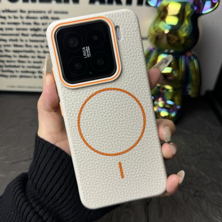 Funda de TPU con diseño de círculo fino MagSafe Litchi Grain para Xiaomi 15 Pro (blanco y naranja)