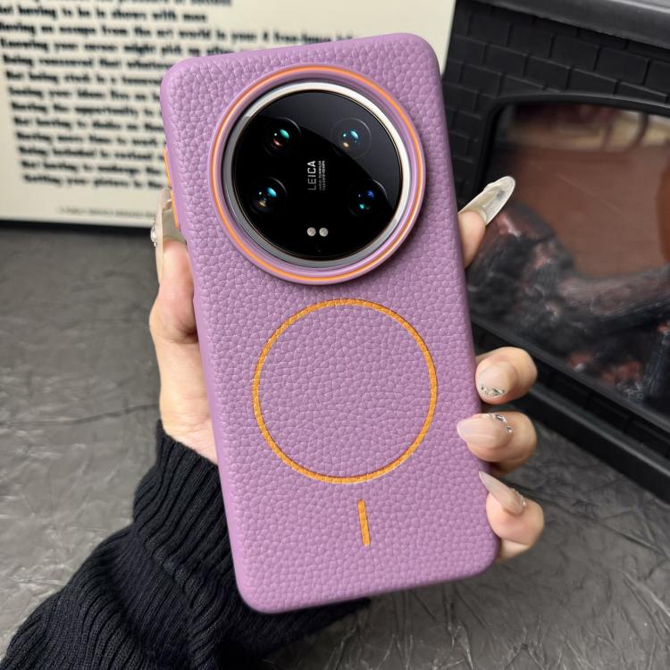 Funda ultrafina de TPU con diseño circular MagSafe y textura de lichi para Xiaomi 14 (morado y naranja)