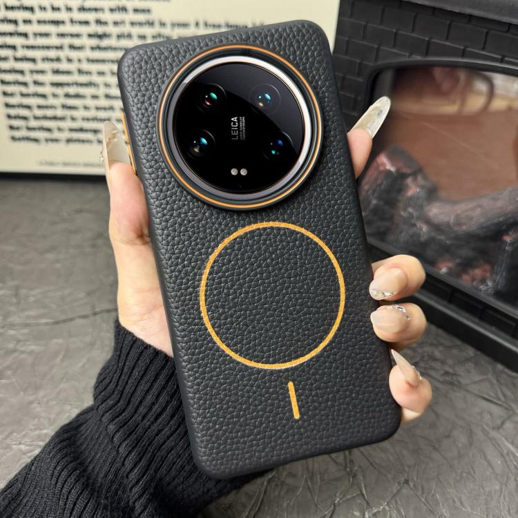 Funda ultrafina de TPU con diseño circular MagSafe y textura de lichi para Xiaomi 14 (negro y naranja)