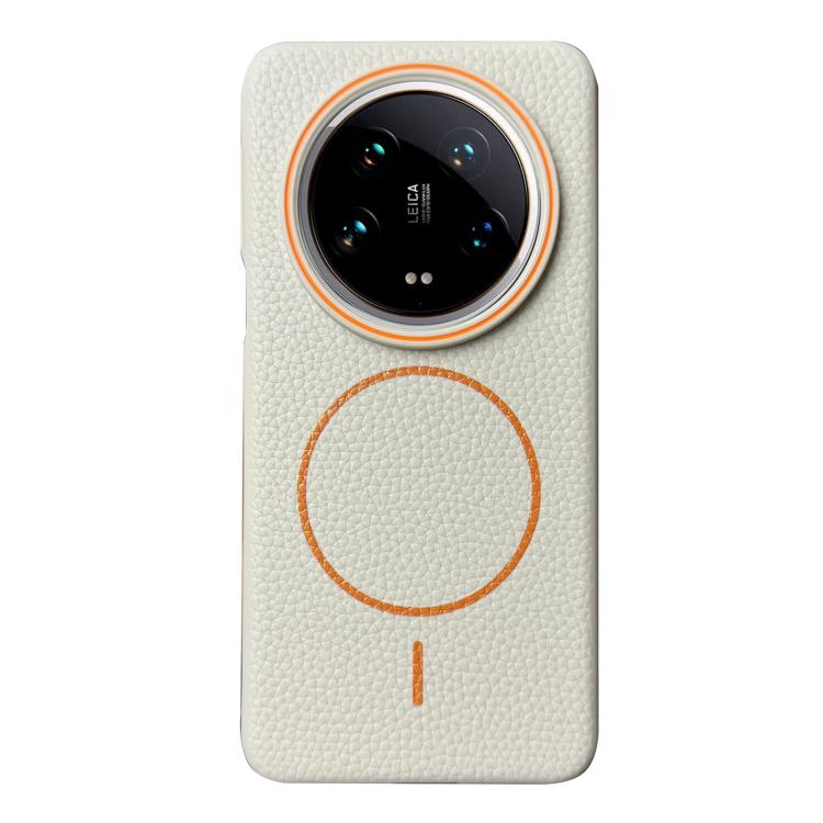 Funda ultrafina de TPU con diseño circular MagSafe y grano de lichi para Xiaomi 14 (blanco y naranja)