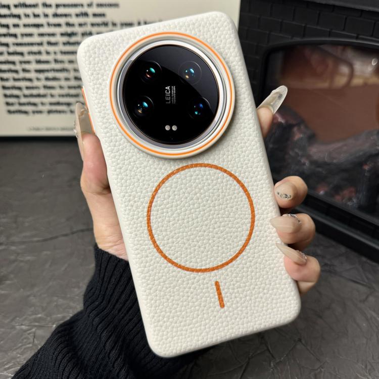 Funda ultrafina de TPU con diseño circular MagSafe y grano de lichi para Xiaomi 14 (blanco y naranja)