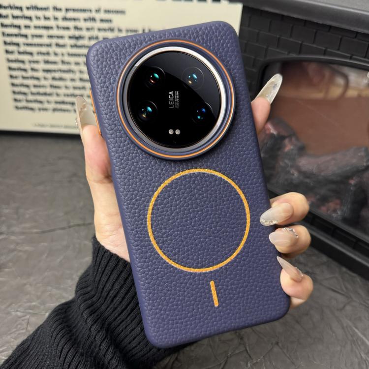 Funda ultrafina de TPU con diseño circular MagSafe y textura de lichi para Xiaomi 14 (azul oscuro y naranja)