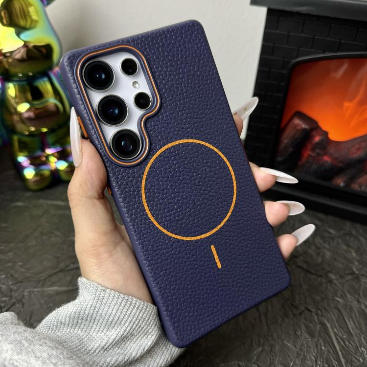 Funda de TPU con diseño de círculo fino MagSafe y textura de lichi para Samsung Galaxy S22 5G (azul oscuro y naranja)