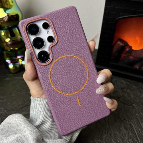 Funda de TPU con diseño de círculo fino MagSafe y textura de lichi para Samsung Galaxy S23 FE 5G (morado y naranja)