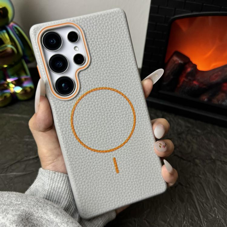 Funda de TPU con diseño de círculo fino MagSafe y textura de lichi para Samsung Galaxy S24 FE 5G (gris y naranja)