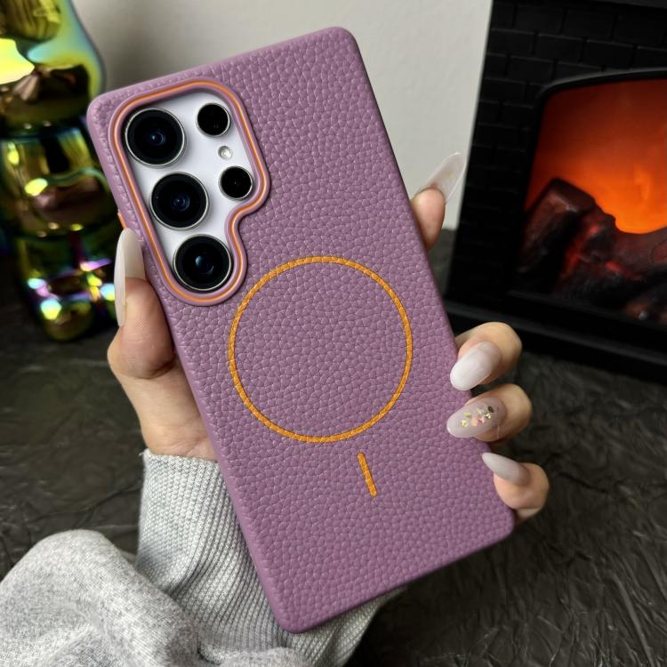 Funda de TPU con diseño de círculo fino MagSafe y textura de lichi para Samsung Galaxy S25 5G (morado y naranja)