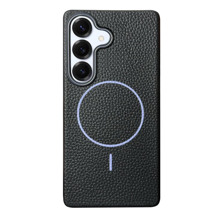 Funda de TPU con textura de lichi MagSafe para Samsung Galaxy S25+ 5G (negro y morado)
