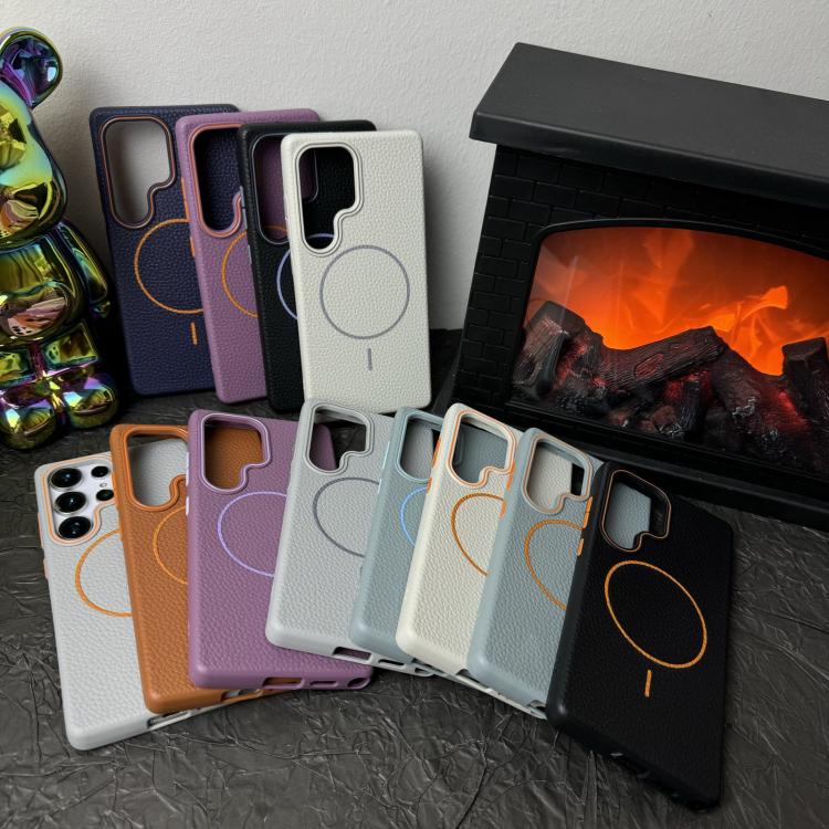 Funda de TPU con diseño de círculo fino MagSafe y textura de lichi para Samsung Galaxy S24 FE 5G (morado y naranja)