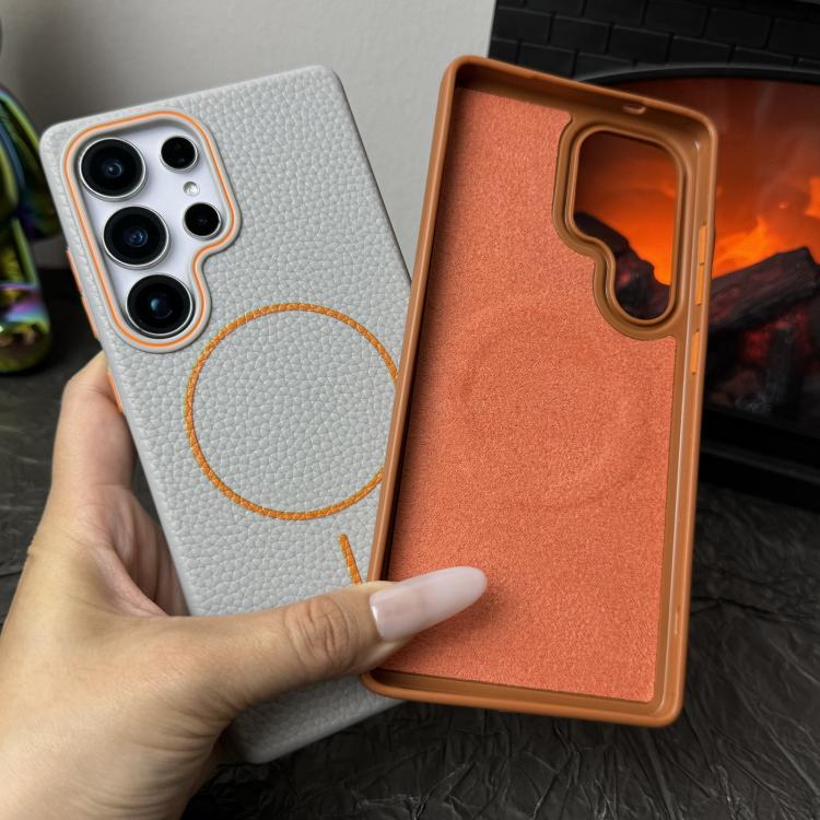 Funda de TPU con diseño de círculo fino MagSafe y textura de lichi para Samsung Galaxy S23 FE 5G (azul oscuro y naranja)