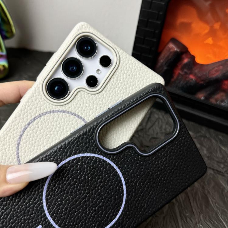 Funda de TPU con diseño de círculo fino MagSafe y textura de lichi para Samsung Galaxy S24 FE 5G (gris y naranja)