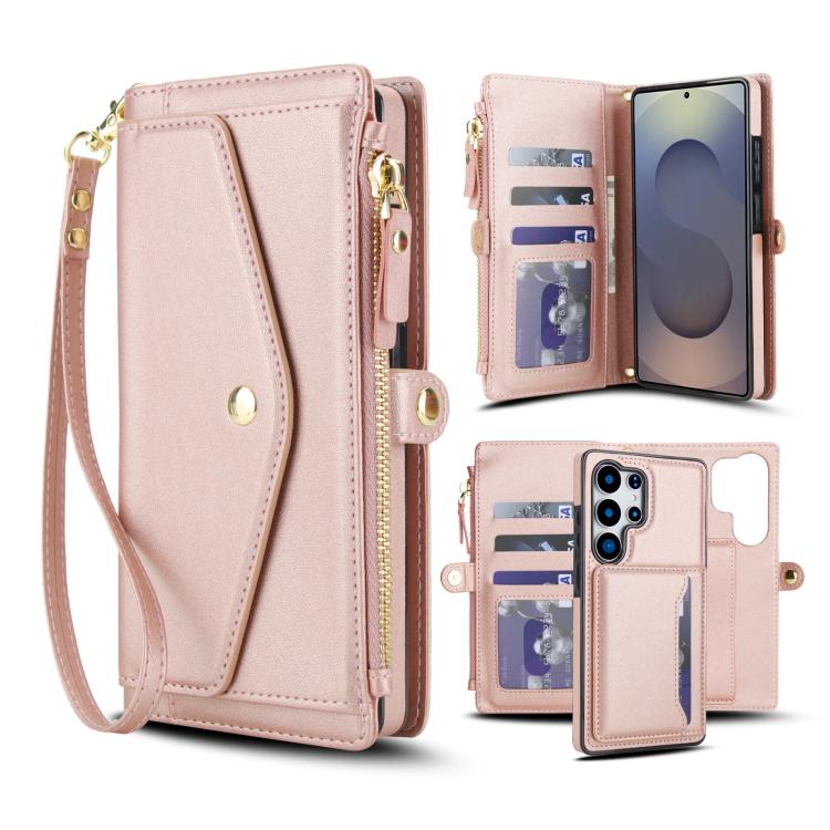 Funda de cuero desmontable con cordón para Samsung Galaxy S25 Ultra 5G (oro rosa)
