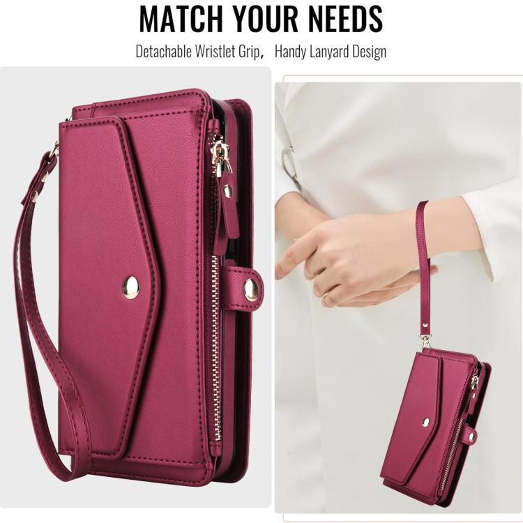 Funda de cuero desmontable con cordón para Samsung Galaxy S25 Edge 5G (multifuncional, roja)